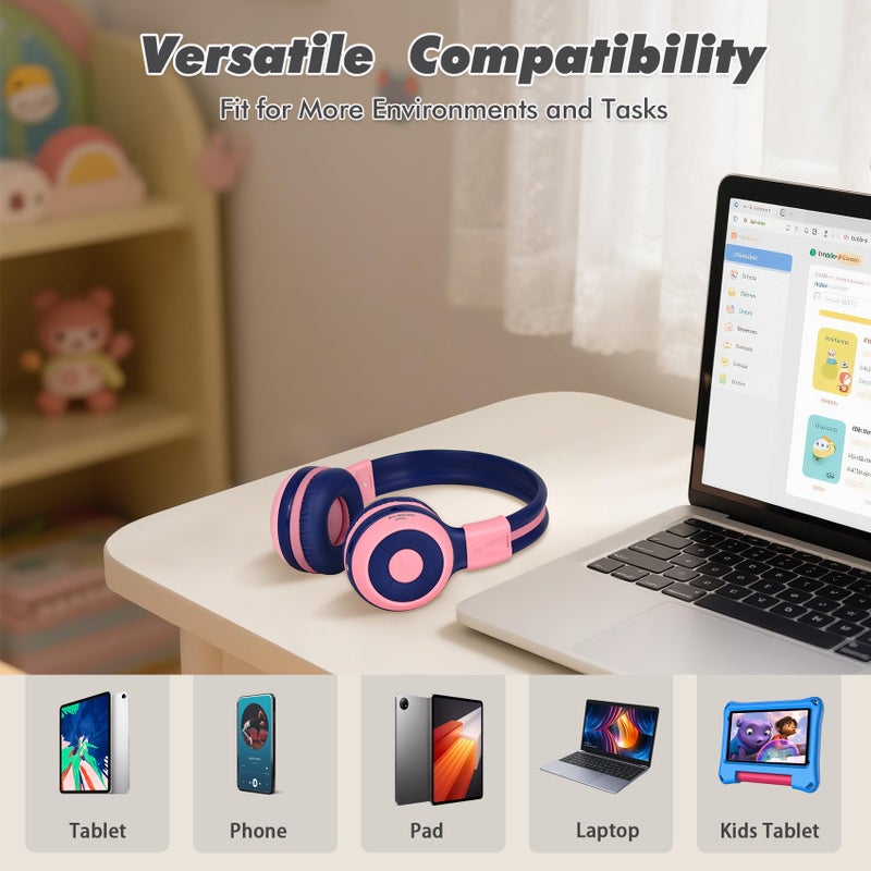 SIMOLIO Wireless Headphones Girls, Bluetooth Foldable Childrens Headphones with Mic and Volume Limited, Over-Ear Stereo Headset for Fire Tablet iPad School Travel Airplane Cellphones, Wired Mode Pink - Image 4